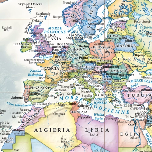 Świat mapa ścienna polityczna - stylizowana 1:60 000 000, 70x50 cm, zbliżenie na mapę Europy, SwiatMap.pl