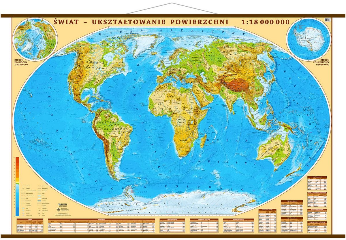 Świat mapa ścienna fizyczna 1:18 000 000, 194x133 cm