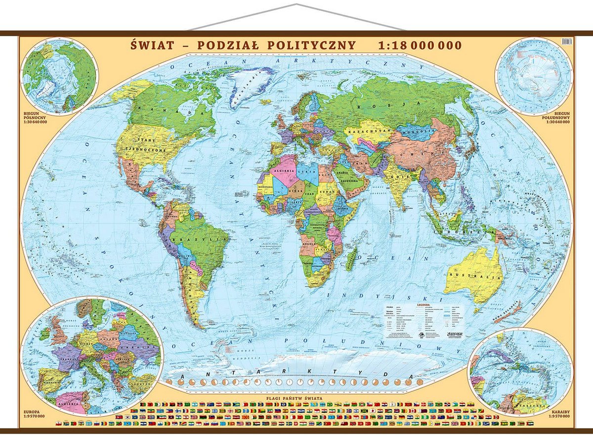 Świat mapa ścienna polityczna 1:18 000 000, 194x133 cm